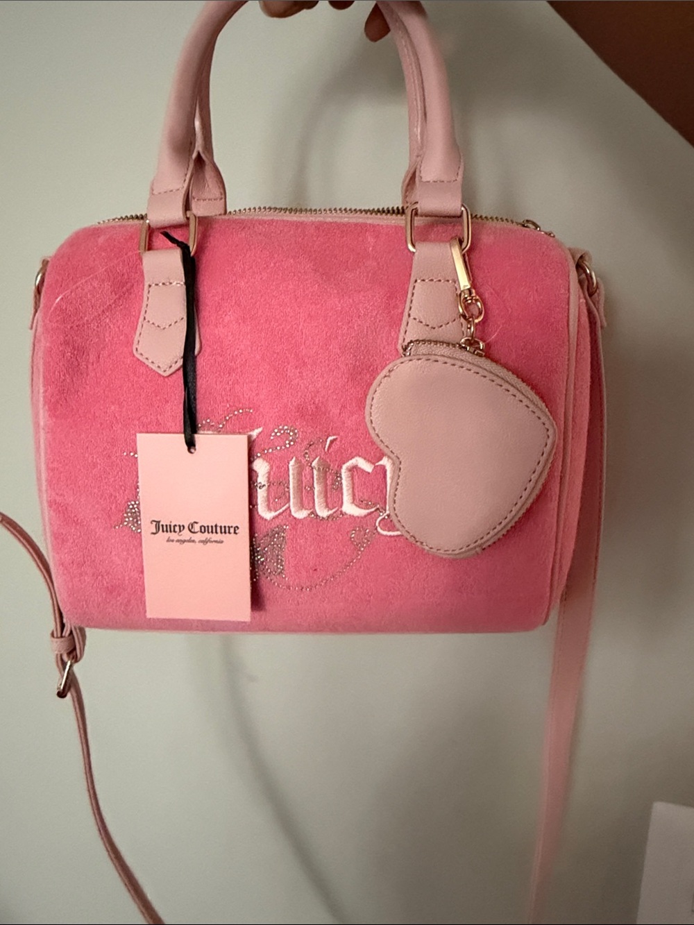 Juicy Couture Pink Velvet Crossbody Satchel with Heart Charm
